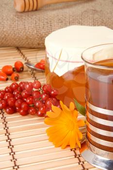 tea with flower, honey, viburnum and berry dog on wood 