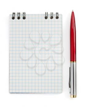 checked notebook and pen isolated on white background