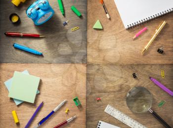 school supplies at abstract wooden background