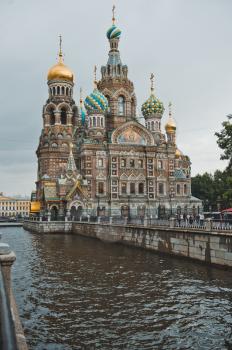 View of Griboedovs channel about the Resurrection Temple in the city of St. Petersburg.