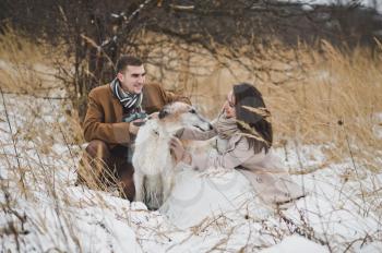 Portrait of newlyweds stroking Russian Greyhound.