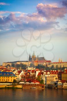 Scenic summer panorama of the Old Town architecture with Vltava river and St.Vitus Cathedral in Prague, Czech Republic