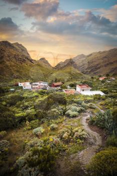 View of Masca village with palms and mountains, Tenerife, Canary islands, Spain

