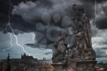 Heavy thunderstorm with lightning. Prague - Charles bridge, Czech Republic.