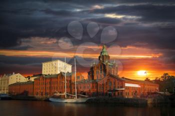 Embankment In Helsinki At Summer Evening, Finland. Uspenski Cathedral. 