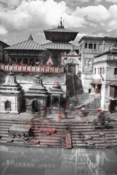  black and red and white photo. Votive temples and shrines in a row at Pashupatinath Temple, Kathmandu, Nepal.