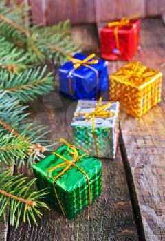 christmas presents an a table, christmas background