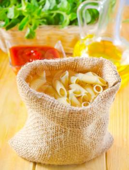 Close-up of assorted pasta in jute bag