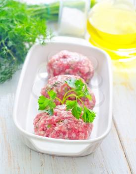 Raw meat balls in the white bowl