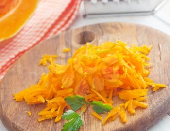 Pumpkin on the wooden board, raw pumpkin