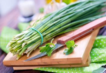 green onion on board and on a table