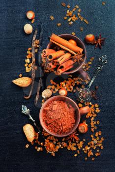 cocoa powder and aroma spice on a table