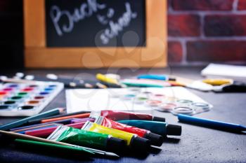 school supplies on a table, stock photo