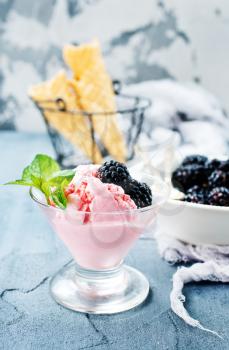 ice cream in glass bowl and on a table