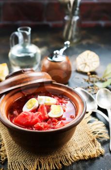 beet soup with boiled eggs, beet soup in bowl