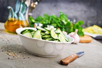 cucumbers on plate, salad with cucumbers, ingredient for salad
