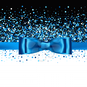 Blue glitter background with silk bow and ribbon