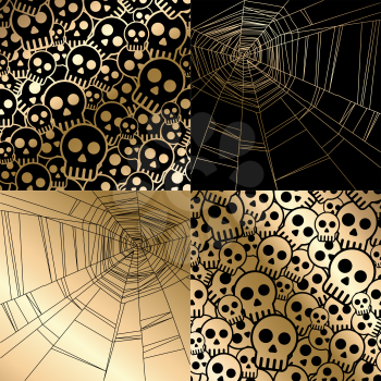 Vector halloween card with spider web and skulls seamless pattern. Vintage gold design for menu, gift card and cover