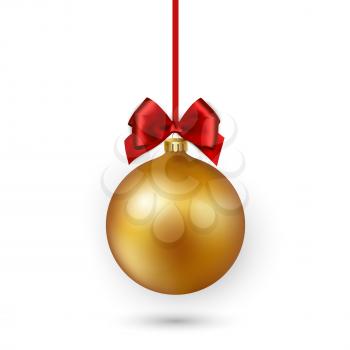 Gold Christmas bauble with red ribbon and bow on white background. Vector illustration.