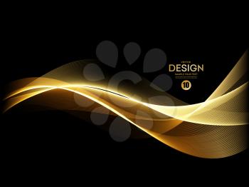 Abstract shiny color gold wave design element on dark background.