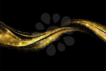 Abstract shiny color gold wave design element with glitter effect on dark background. Fashion sequins for voucher, website and advertising design. Invitation card
