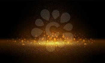 Luxury Gold glitter particles on black background. Golden glowing lights magic effects. Glow sparkles, vector illustration. Glitz dust