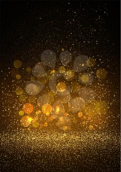 Holiday Abstract shiny color gold bokeh design element and glitter effect on dark background. For website, greeting, discount voucher, greeting and poster design