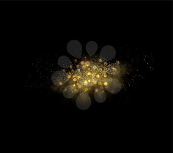 Holiday Abstract shiny gold glitters explosion design element and powder effect on dark background. For website, greeting, discount voucher, greeting and poster design