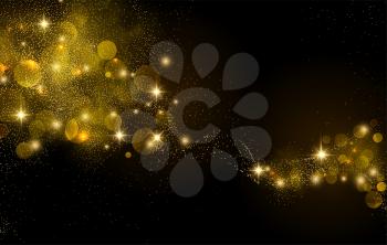 Holiday Abstract shiny color gold bokeh design element and glitter effect on dark background. For website, greeting, discount voucher, greeting and poster design