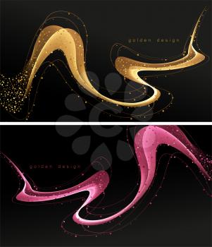 Abstract shiny color gold wave design element on dark background. Golden fluid line. Fashion flow lines for cosmetic gift voucher, website and advertising. Awarding ceremony luxury background with golden glitter sparkles. Vector design