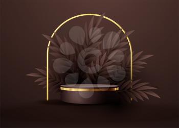 Minimal black scene with geometric shapes and palm leaves. Cylindrical gold and black podium on a brown chocolate background. 3D stage for displaying a cosmetic product, showcase