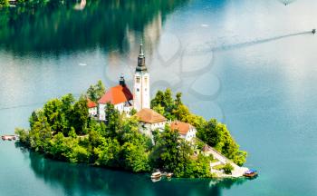 Aerial view of Bled Island with the Church of the Assumption of Mary in Slovenia