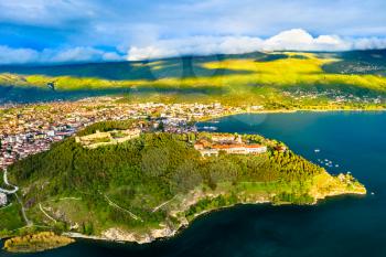 Aerial view of Samuel's Fortress and Plaosnik at Ohrid in North Macedonia