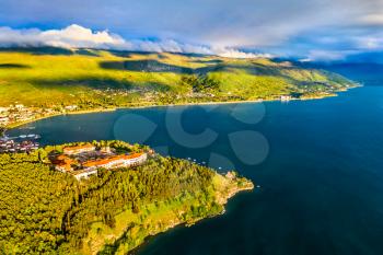 Aerial view of Plaosnik, an archaeological site and holy place in Ohrid, North Macedonia