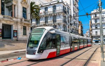 Oran, Algeria - May 12, 2018: City tram in the city centre of Oran. The Oran Tramway system has 32 stations on 1 line