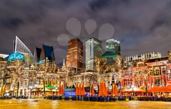 Night cityscape of the Hague from Het Plein Square. The Netherlands