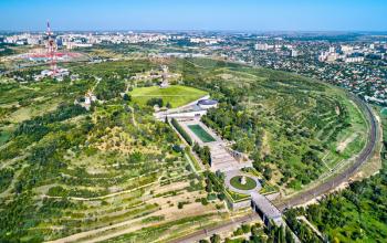 View of Mamayev Kurgan, a hill with a memorial complex commemorating the Battle of Stalingrad in World War II. Volgograd, Russia