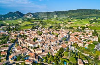 Aerial view of Sablet, a fortified Provencal village in France