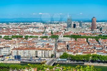 View of Lyon from the Fourviere hill. Auvergne-Rhone-Alpes, France