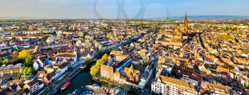 Panorama of the old town of Strasbourg with the Notre-Dame Cathedral - Alsace, France