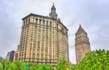 New York City, United States - May 5, 2017: View of Manhattan Municipal Building and Thurgood Marshall United States Courthouse