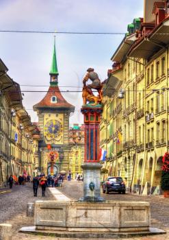 Fountain on the Kramgasse street in the Old City of Bern - Switzerland
