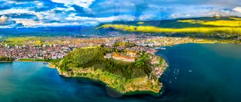 Aerial view of Samuel's Fortress and Plaosnik at Ohrid in North Macedonia