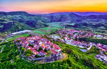 Aerial view of Buzet town at sunset - Istria, Croatia