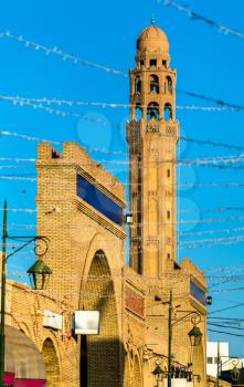Minaret of Farkous Mosque in the medina of Tozeur, Tunisia. North Africa