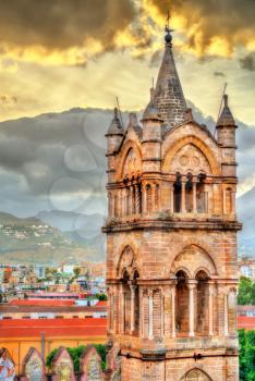 Tower of Palermo Cathedral at sunset. A UNESCO heritage site in Sicily, Italy