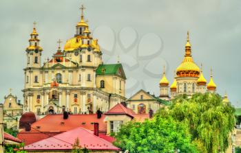 View of Holy Dormition Pochayiv Lavra, an Orthodox monastery in Ternopil Oblast of Ukraine. Eastern Europe