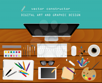 Digital art and graphic design. Working place in flat design. Constructor of your own work space. Vector illustration