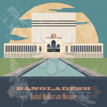Bangladesh landmarks. Baitul Mukarram Mosque.  Retro styled image. Vector illustration