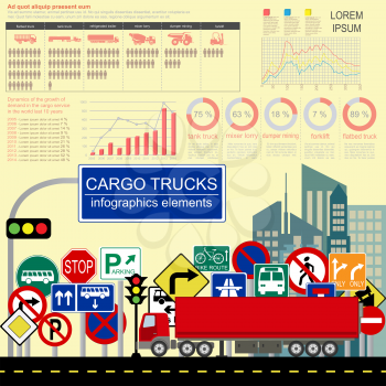 Cargo transportation infographics, trucks, lorry. Elements infographics.  Vector illustration